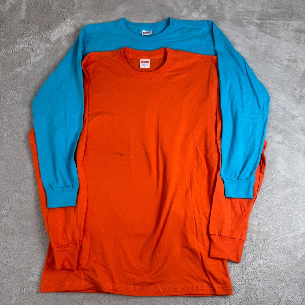 Supreme Lot Of‎ 2 Shirt Mens Medium Orange Blue Preowned Stain Long Sleeve Tee